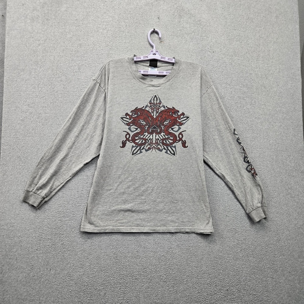 VINTAGE Exit Men Shirt L Gray Y2K Tribal Dragon Graphic Print Long Sleeve READ